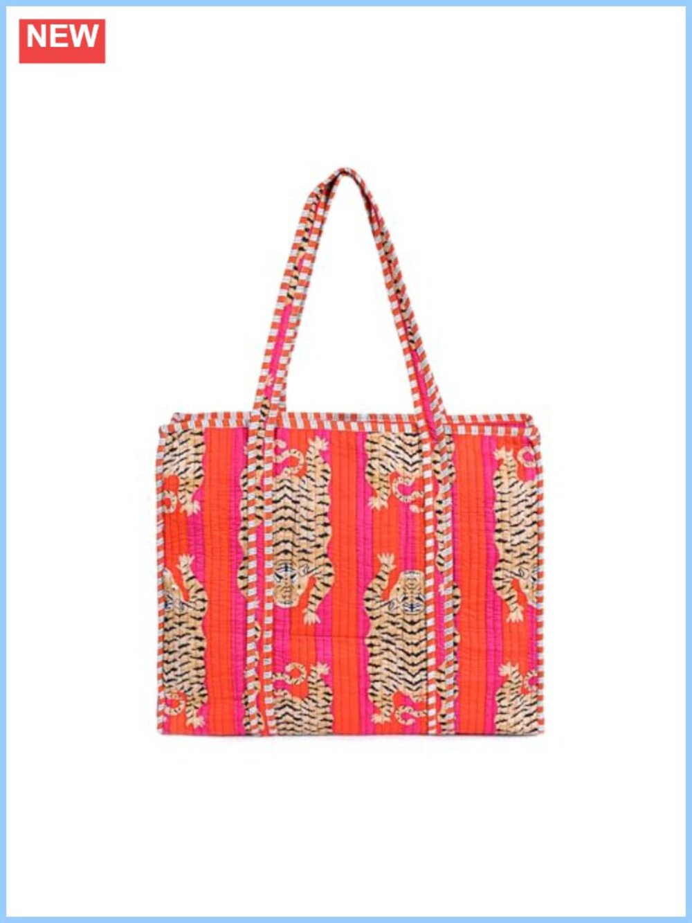 Cotton Quilted Tote Bag Tiger Block Print Travel Handbag Zipper Everyday Use